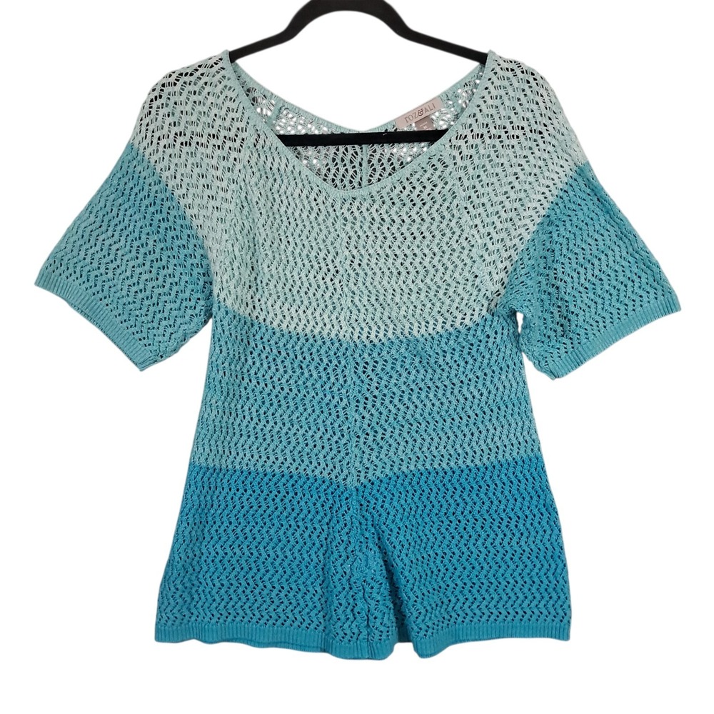 Vintage Roz & Ali Crochet Top Overlayer Size Medium Blue Open Knit USA Cover Up‎